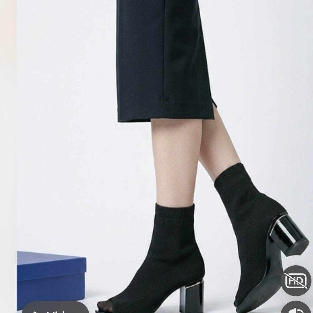 Stuart Weitzman Black Stretch Knit Hugger Open Toe Sock Boots.